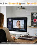 Woman using 8 Channel USB Audio Mixer With 24 Bit DSP, Bluetooth 5.0 Studio Sound Card for streaming and podcasting.