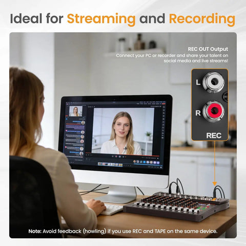 Woman using 8 Channel USB Audio Mixer With 24 Bit DSP, Bluetooth 5.0 Studio Sound Card for streaming and podcasting.