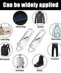 10 Piece Zipper Repair Kit With Durable Pull And Slider Replacement For Luggage And Backpack Easy Install For A Quick DIY Fix Smooth Gliding Zipper Heads For Suitcases White, image showing two silver zipper pulls with various uses like handbags and jackets.