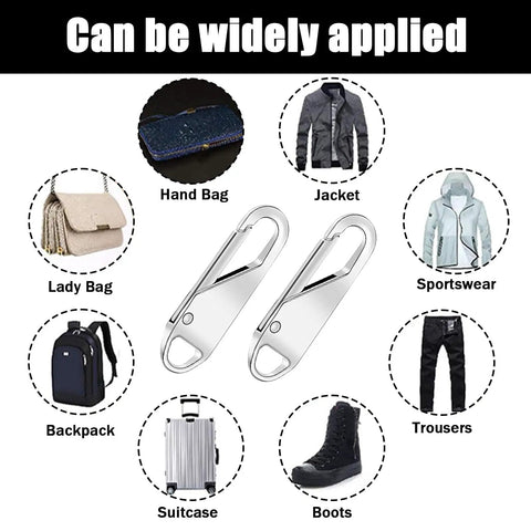10 Piece Zipper Repair Kit With Durable Pull And Slider Replacement For Luggage And Backpack Easy Install For A Quick DIY Fix Smooth Gliding Zipper Heads For Suitcases White, image showing two silver zipper pulls with various uses like handbags and jackets.