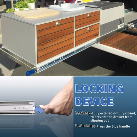 Sliding mechanism of 260 Lbs Heavy Duty Locking Drawer Slides Full Extension Ball Bearing Rails With Lock Side Mount