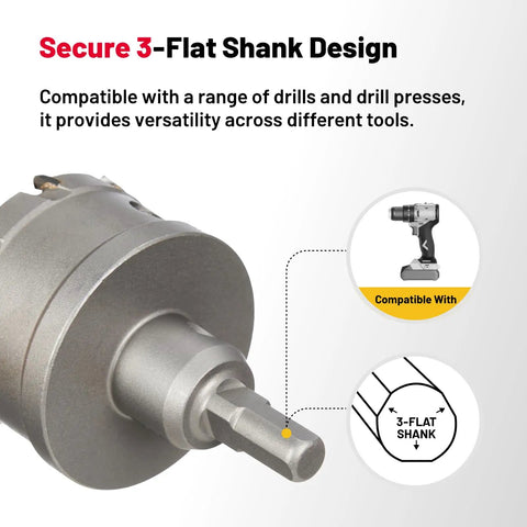 1 Inch Carbide Hole Saw Drill Bit Kit With 3 Flat Shank And YG10X Cutter Head, showing secure flat shank and compatibility icon