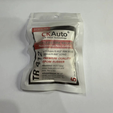 Snap In Tire Valve Stem TR412 Short Black For Tubeless 0.453 Inch Rim Holes 11.5mm packaging with information displayed.