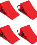 4 Pack Wheel Chocks For Trailers And RVs, hard plastic tire chocks with non-slip base and rope, high visibility red, front view