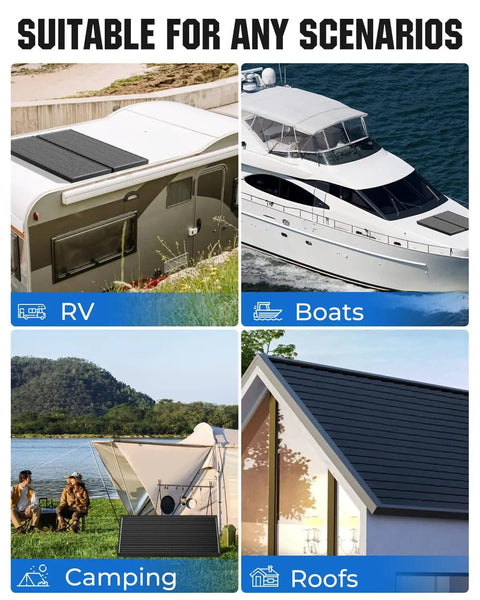 100 Watt N Type Monocrystalline Solar Panel With 18BB Tech For RVs Marine Rooftops And Off Grid Homes 12V High Efficiency PV Module Delivers 24 Percent Plus Output For Camper Trailers Boats Farm And Home Power displayed on RV, boat, camping, and rooftop scenarios