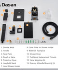 Components of Waterfall Tub Filler Faucet With Hand Shower, Wall Mounted Matte Black Tub Faucet For Modern Bathrooms displayed.