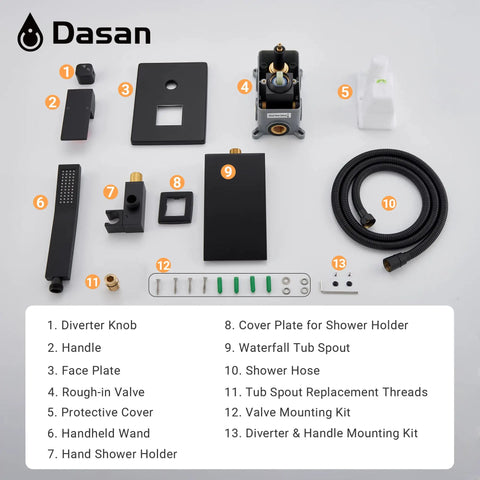 Components of Waterfall Tub Filler Faucet With Hand Shower, Wall Mounted Matte Black Tub Faucet For Modern Bathrooms displayed.