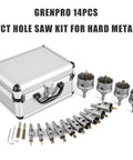 16-Piece Carbide Hole Saw Kit For Metal And Stainless Steel displayed with case, TCT cutters, titanium pilot drills, and wrenches.