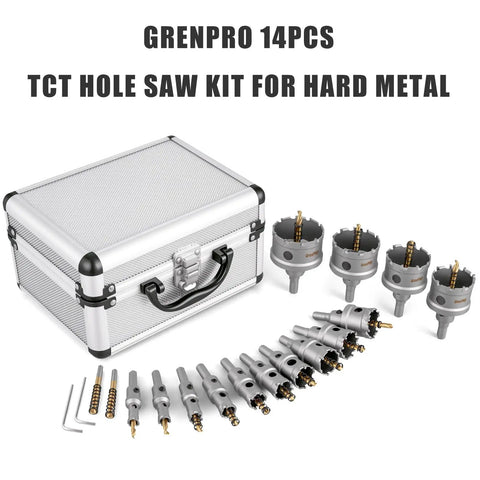 16-Piece Carbide Hole Saw Kit For Metal And Stainless Steel displayed with case, TCT cutters, titanium pilot drills, and wrenches.