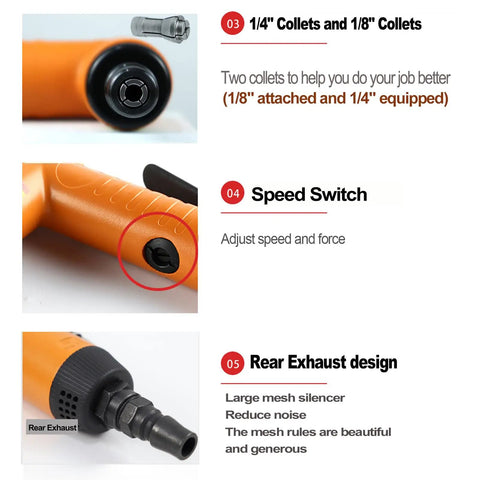 Close-up of Pro Grade 110 Degree Air Die Grinder showing 1/4" and 1/8" collets, speed switch, and rear exhaust design.