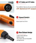 Badass Compact Quarter Inch Air Angle Die Grinder Boasting 18000 Rpm Pneumatic Torque With Rear Exhaust Fan And Low Vibration Build showing collets and speed switch details.