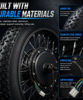 48V 1500W Electric Bicycle Conversion Kit For 20 Inch Rear Hub Wheel With PAS Sensor And LCD Display Dope Upgrade For Fat Tire Snow Rides Brushless Gearless Hub Motor Durable Alloy Build featuring durable materials like rubber tires, stainless steel spokes, and painted hub with copper wiring.