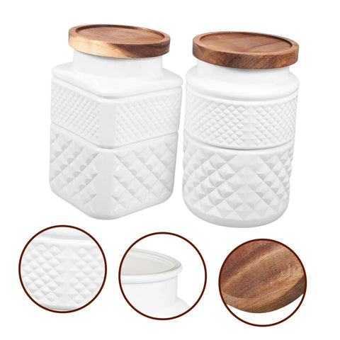Two Pack Glass Storage Jars With Secure Airtight Lids For Coffee Beans And Dry Goods Keeps Your Stash Locked Down Tight vintage embossed canisters with wooden lids.