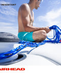 Person holding 60 Foot Tow Rope for 1 to 3 Rider Towable Tubes UV Resistant and Pre Stretched 16 Strand Rope with Loops