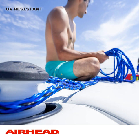 Person holding 60 Foot Tow Rope for 1 to 3 Rider Towable Tubes UV Resistant and Pre Stretched 16 Strand Rope with Loops