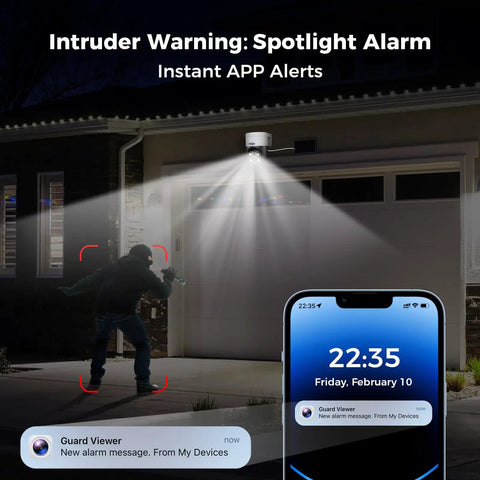 Intruder in driveway highlighted by 4K PoE PTZ Security Camera System With Auto Human Tracking spotlight and phone alert app