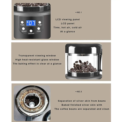 Automatic Hot Air Coffee Bean Roaster With Smart Timing And Integrated Cooling For Home Brews Crafting Fresh Roasts Without The Smoke Or Fuss Packed With That Legit Cafe Quality Flavor with LCD panel and transparent viewing window.