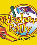 East Rickshaw Rally Family Strategy Board Game For Kids And Adults Tabletop Racing Adventure Zero Stress Setup logo design on yellow background.