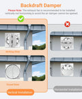Illustration showing vertical and horizontal installation of Workhorse 8 Inch Exhaust Fan With 735 CFM Wall Mount Ventilation.