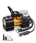 Portable Tire Inflator Air Compressor For Car And Bike 12V DC Digital Gauge Up To 150 PSI With 12 LED Lights shown with accessories