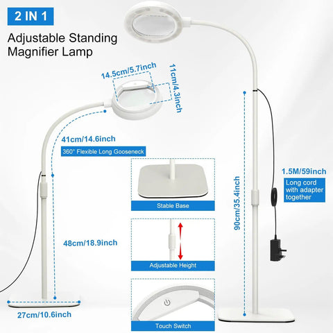 Diagram showing dimensions of Eight Times Magnification Floor Magnifying Glass With Light And Stand, 56 LEDs Gooseneck Floor Lamp