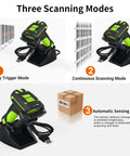 Built Tough Rugged 2D Wireless Barcode Scanner With Charging Dock Bluetooth Drop Resistant Industrial Scanner displayed in three scanning modes.