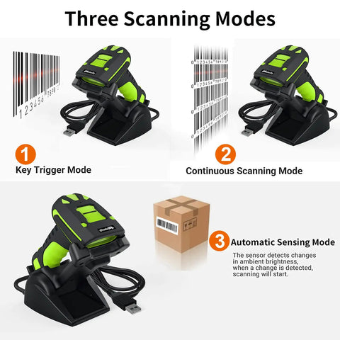 Built Tough Rugged 2D Wireless Barcode Scanner With Charging Dock Bluetooth Drop Resistant Industrial Scanner displayed in three scanning modes.