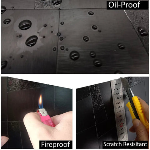 DIY Friendly Peel And Stick Metal Backsplash For Kitchen No Glue No Grout, black brushed aluminum showing oil, fire, and scratch resistance