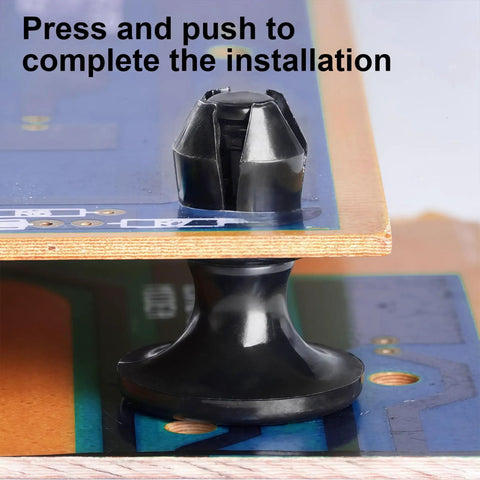 Close-up of Fifty Black Push Lock Pins For Media Centers And Equipment Panels used for secure panel installation on electronic board.