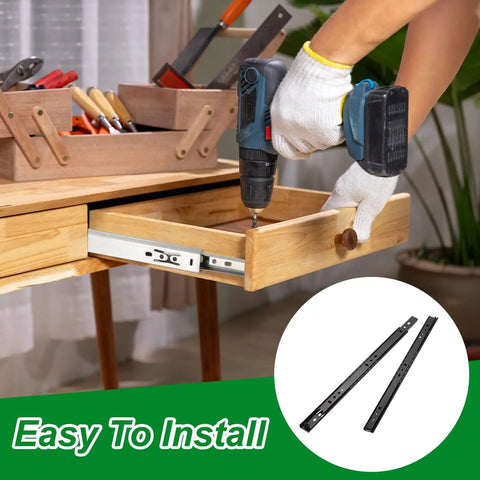 Person installing Heavy Duty Soft Close Drawer Slides For Cabinets And Kitchen Drawers, Full Extension Ball Bearing Runners Black 13.8 Inch Pair.
