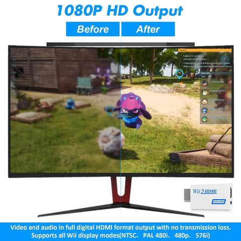 Comparison of game graphics on HDTV with Wii Wired Sensor Bar And HDMI Adapter Bundle for Nintendo Wii before and after installation.
