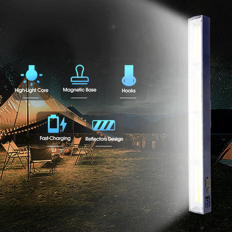 Kickin Bright Magnetic LED Work Light, 15.75 Inch, 8000 Lumens, 216 LEDs, shown illuminating a night camping scene.