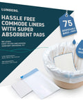 Heavy Duty Medical Grade Commode Liners With Super Absorbent Pads Zero Hassle Odor Control displayed in a pack with disposable seat covers.