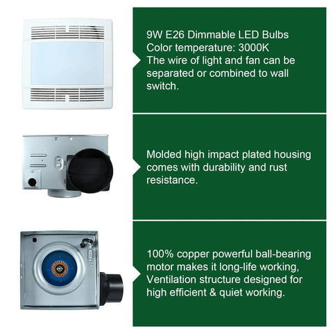 Ultra Quiet 90 CFM Bathroom Exhaust Fan With Light Powerful Moisture And Odor Ventilation For Your Home One Point Five Sones Built For Rooms Up To 85 Square Feet Light Combo Durable Build With Three Year Warranty featuring 9W LED bulbs, high impact plated housing, and copper ball-bearing motor.