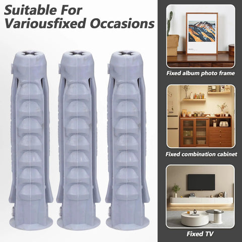 Front view of 16 Pcs Concrete Wall Anchors 10x50mm Heavy Duty Plastic Anchors for TV Mount Installation on concrete or brick walls.