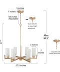 Dimensions and features of Six Light Gold Chandelier With White Frosted Glass Shades For Dining Room Living Room Kitchen And Bedroom Modern Chic Fixture For Warm Vibe And Easy Install