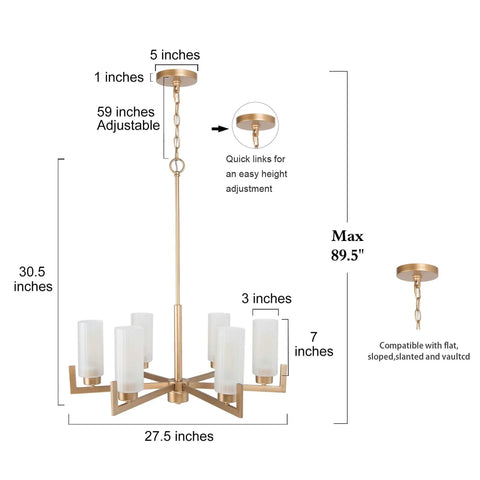 Dimensions and features of Six Light Gold Chandelier With White Frosted Glass Shades For Dining Room Living Room Kitchen And Bedroom Modern Chic Fixture For Warm Vibe And Easy Install