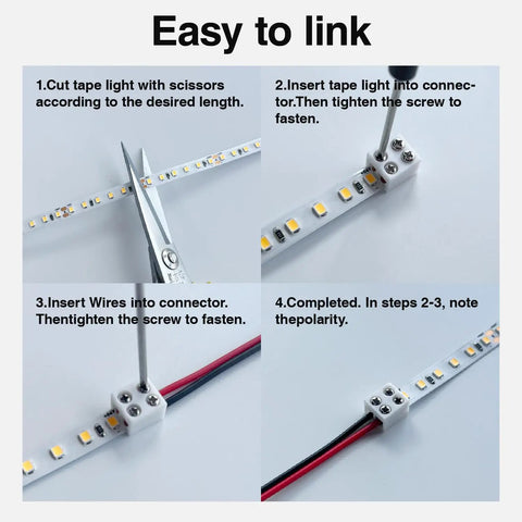 Steps for using Two Pin 8mm LED Strip Connector With 32.8Ft Wire, Screw Terminal Quick Connectors For 5V 12V 24V COB Tape Light
