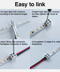 15 Pack 2 Pin 10mm LED Strip Connectors With 32.8ft Wire illustrated installation process on LED tape
