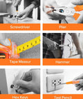 Comprehensive 19 Piece Household DIY Tool Set With Storage Case showing screwdriver, plier, tape measure, hammer, hex keys, and test pencil in use