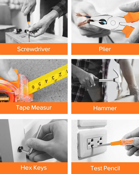 Comprehensive 19 Piece Household DIY Tool Set With Storage Case showing screwdriver, plier, tape measure, hammer, hex keys, and test pencil in use