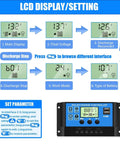 30A PWM Solar Charge Controller For 12V And 24V Systems With Dual USB Ports, Clear LCD Display showing multiple settings