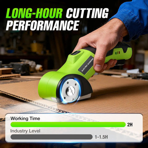 4V Cordless Electric Scissors With 2600mAh Battery, Rechargeable Box Cutter For Cardboard, Fabric, Plastic, Leather & Cloth, Safety Lock, Led Light, Dual Blades Perfect For Diy Crafts & Moving cutting through cardboard with LED light on.