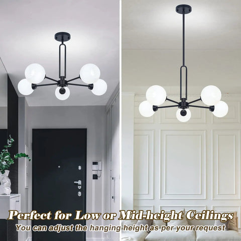 Matte Black 5 Light Globe Sputnik Chandelier For Dining Room Kitchen Living Room And Bedroom Semi Flush Mount With Frosted Glass Shades Delivers Warm Glow And Modern Farmhouse Vibe, shown in two room settings
