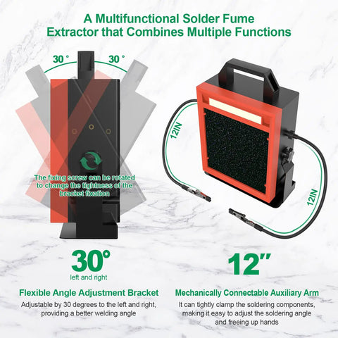 Pro-Grade Solder Fume Extractor With LED Light And Two Helping Hands, showcasing adjustable angle bracket mechanism