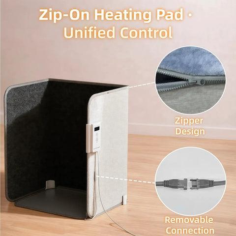 Quiet 195W Under Desk Foot Warmer with Heating Pad showing zipper design and removable connection on wooden floor