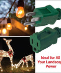 Close-up of a green plug from a Blue 50 Foot 16 Gauge 3 Prong Grounded Extension Cord with outdoor holiday lights