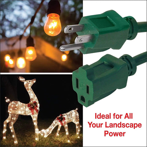 Close-up of a green plug from a Blue 50 Foot 16 Gauge 3 Prong Grounded Extension Cord with outdoor holiday lights
