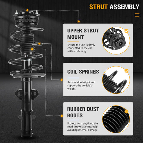 Chrysler Town And Country And Dodge Grand Caravan Front Struts Shock Absorber Sway Bar Links Kit 4 Pcs Replacement 171128L 171128R K7258 Fits 2008 2016 Not For Nivomat Rear Suspension RT And GT Models showing detailed parts labeled upper strut mount, coil springs, and rubber dust boots.