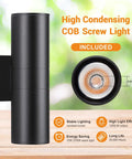 Two Pack Outdoor Wall Light With Slick Integrated LED Cylinder Up Down Lighting, 12W 2700K Warm White, Aluminum Matte Black Exterior View